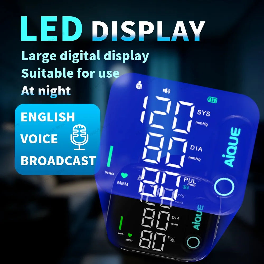 AiQUE 2026 NEW LED Rechargeable Wrist Blood Pressure Monitor Voice Broadcast Tonometer BP Monitor Pluse Heart Rate mmHg Kpa