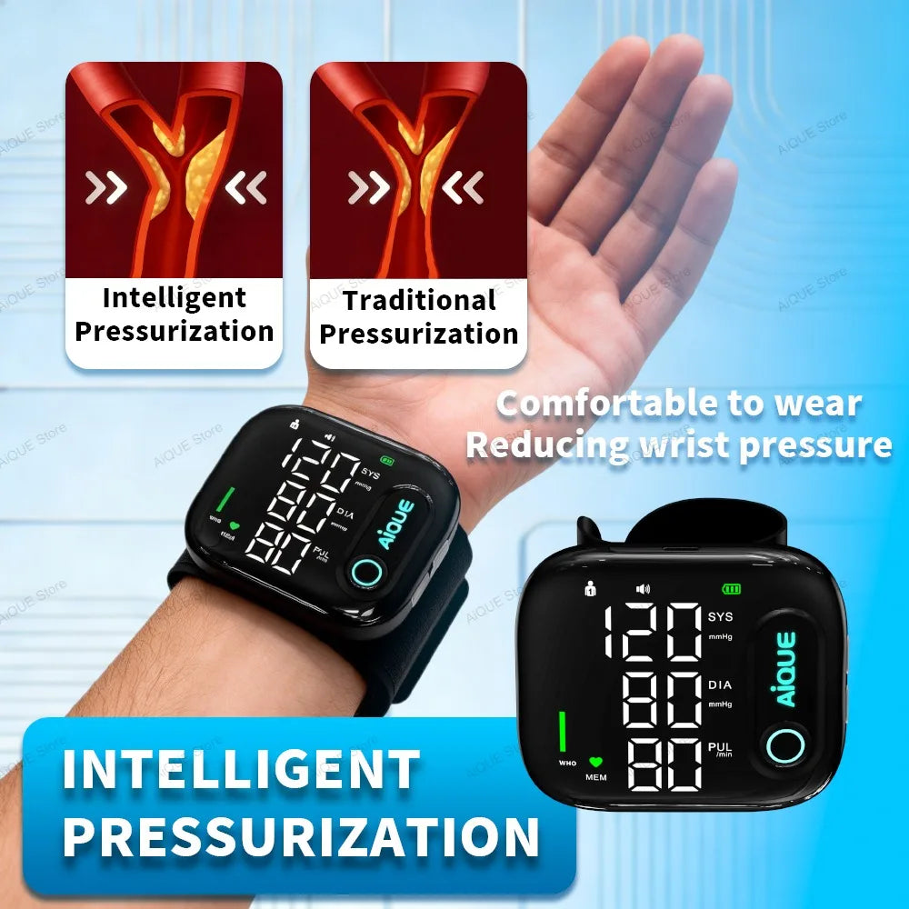 AiQUE 2026 NEW LED Rechargeable Wrist Blood Pressure Monitor Voice Broadcast Tonometer BP Monitor Pluse Heart Rate mmHg Kpa