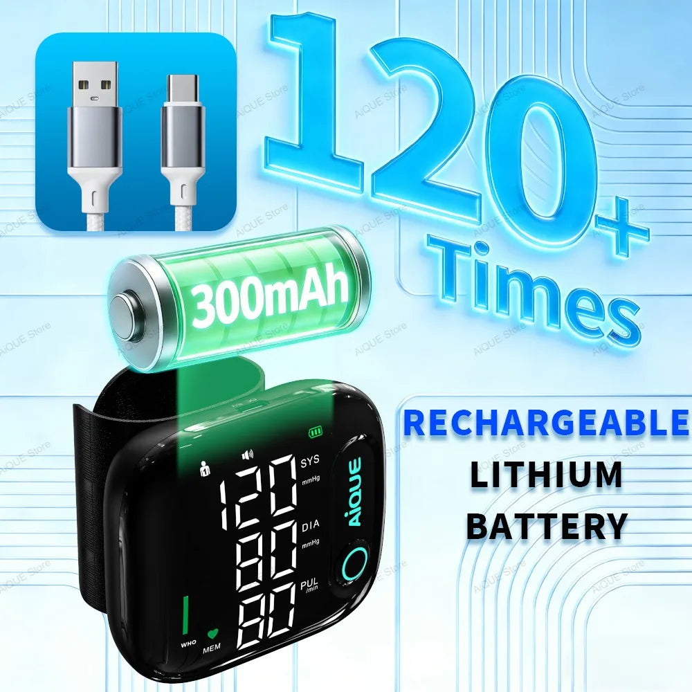 AiQUE 2026 NEW LED Rechargeable Wrist Blood Pressure Monitor Voice Broadcast Tonometer BP Monitor Pluse Heart Rate mmHg Kpa