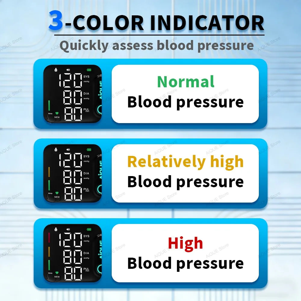 AiQUE 2026 NEW LED Rechargeable Wrist Blood Pressure Monitor Voice Broadcast Tonometer BP Monitor Pluse Heart Rate mmHg Kpa